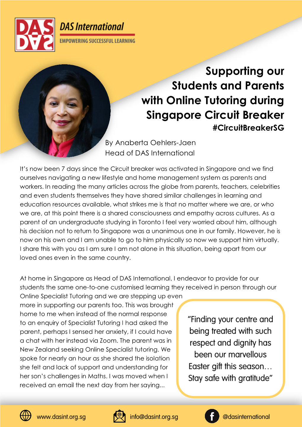 Supporting Our Students and Parents with Online Tutoring During Singapore Circuit Breaker #Circuitbreakersg by Anaberta Oehlers-Jaen Head of DAS International