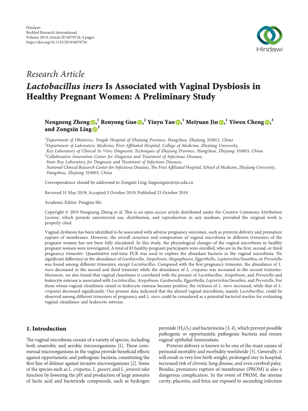 Lactobacillus Iners Is Associated with Vaginal Dysbiosis in Healthy Pregnant Women: a Preliminary Study