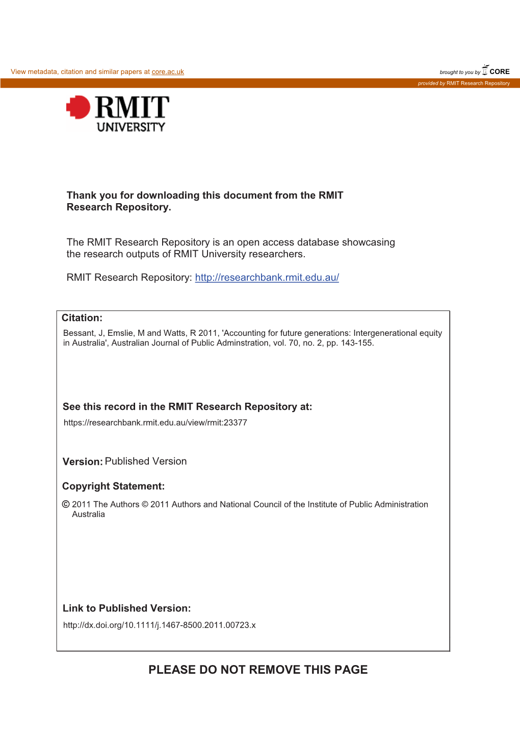 Accounting for Future Generations: Intergenerational Equity in Australia', Australian Journal of Public Adminstration, Vol