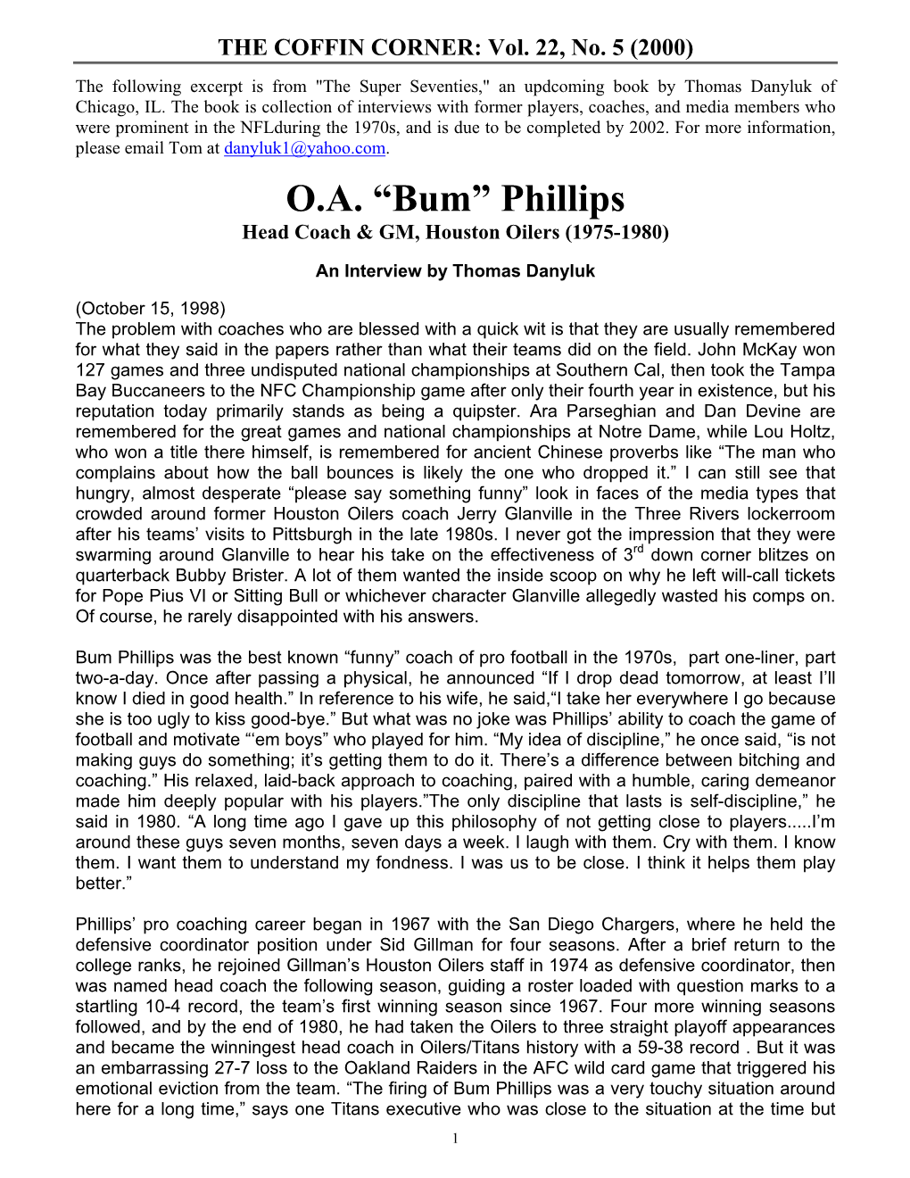 Bum Phillips Was the Best Known “Funny” Coach of Pro Football in the 1970S, Part One-Liner, Part Two-A-Day