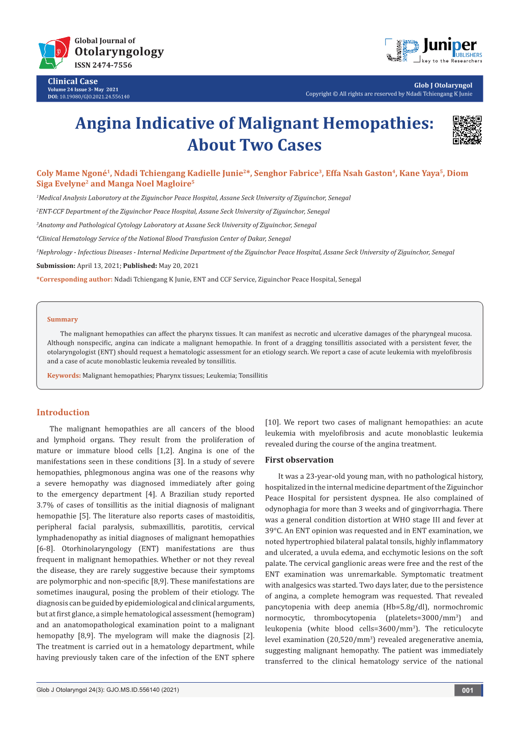 Angina Indicative of Malignant Hemopathies: About Two Cases