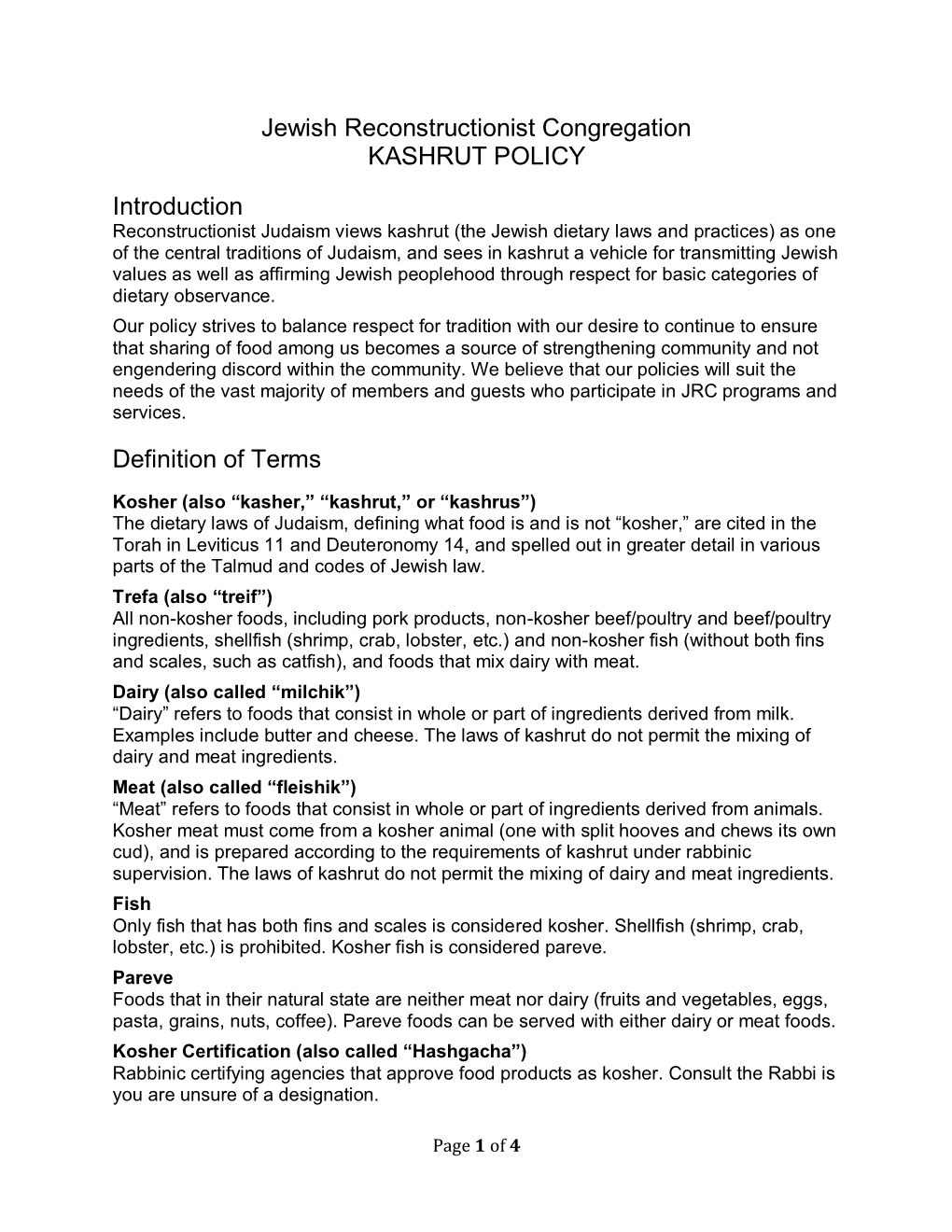 Jewish Reconstructionist Congregation KASHRUT POLICY