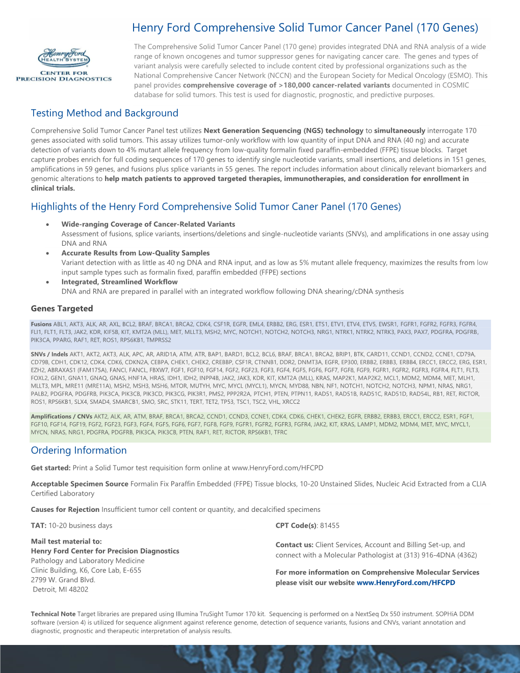 Henry Ford Comprehensive Solid Tumor Cancer Panel (170 Genes)