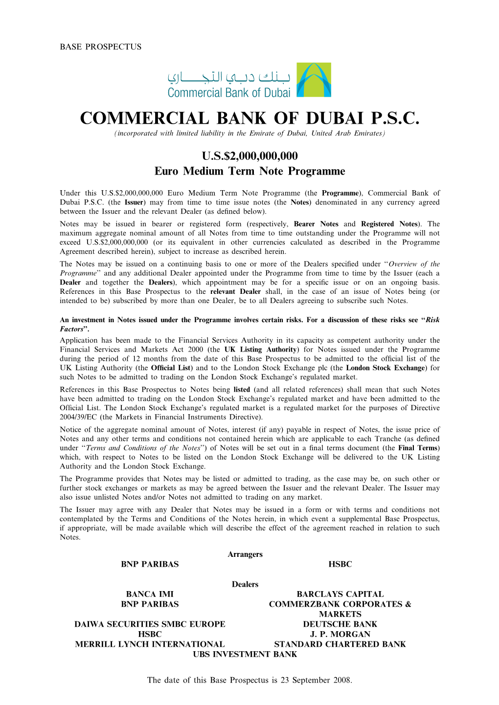 COMMERCIAL BANK of DUBAI P.S.C. (Incorporated with Limited Liability in the Emirate of Dubai, United Arab Emirates)