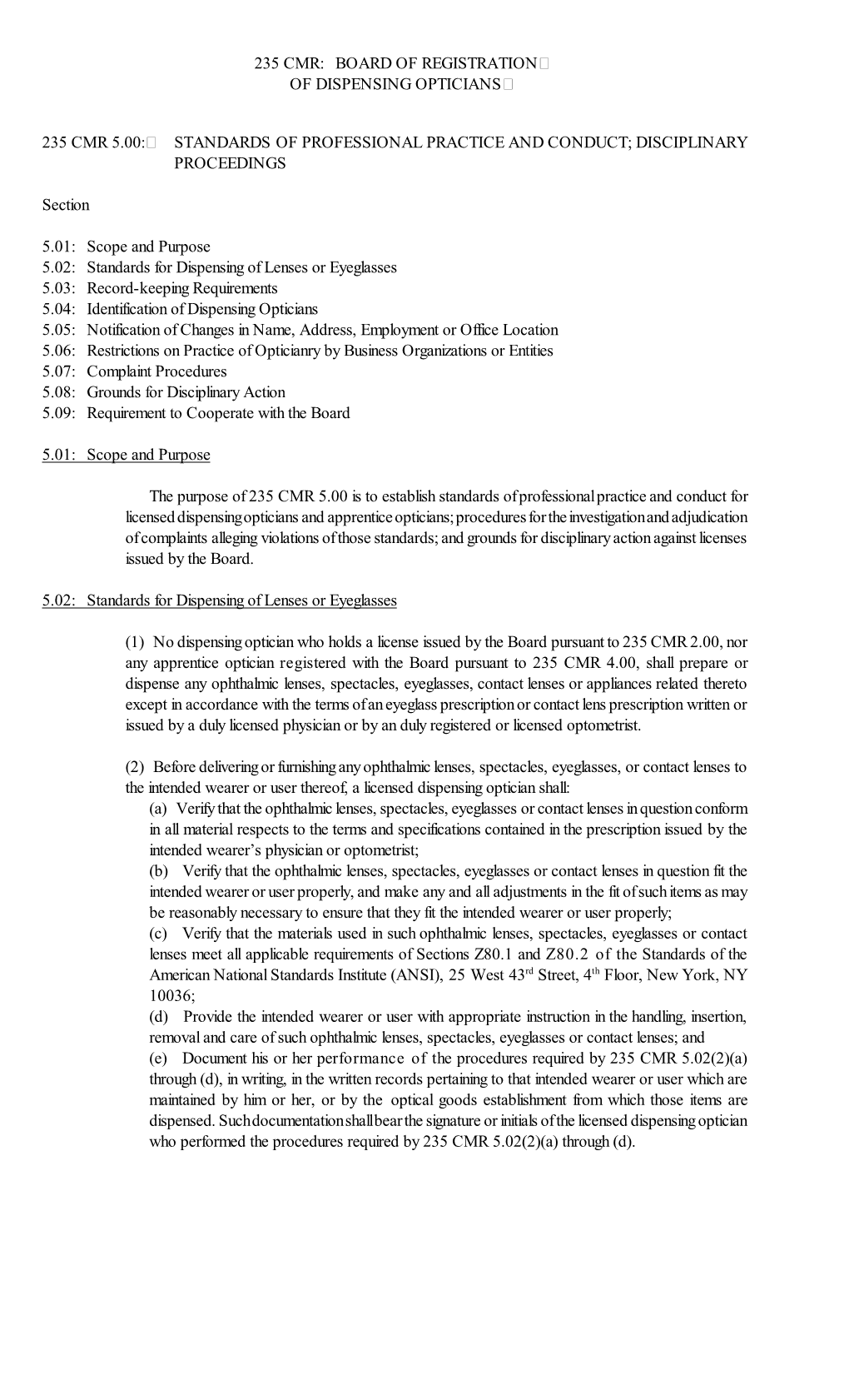 235 Cmr: Board of Registration of Dispensing Opticians