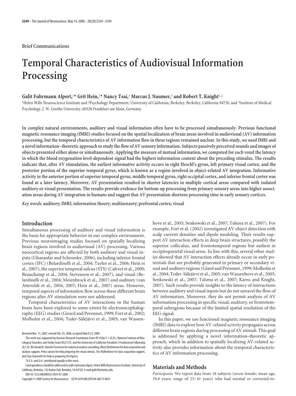 Temporal Characteristics of Audiovisual Information Processing