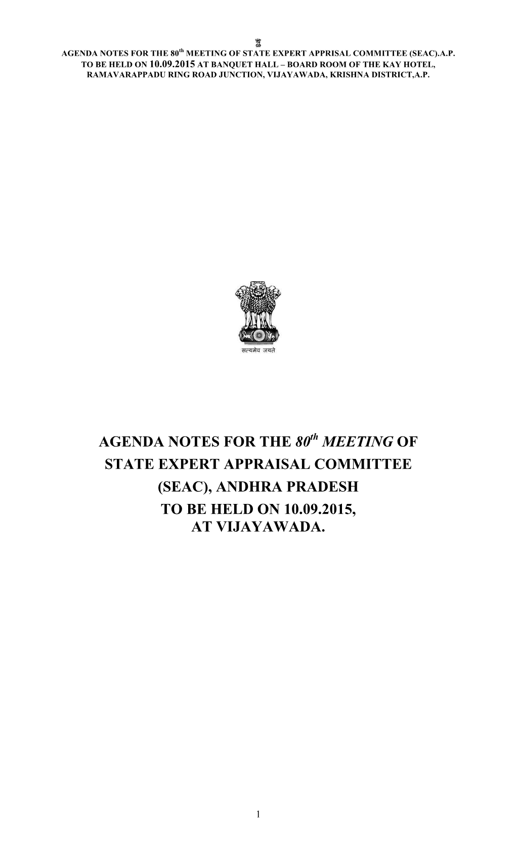 (Seac), Andhra Pradesh to Be Held on 10.09.2015, at Vijayawada