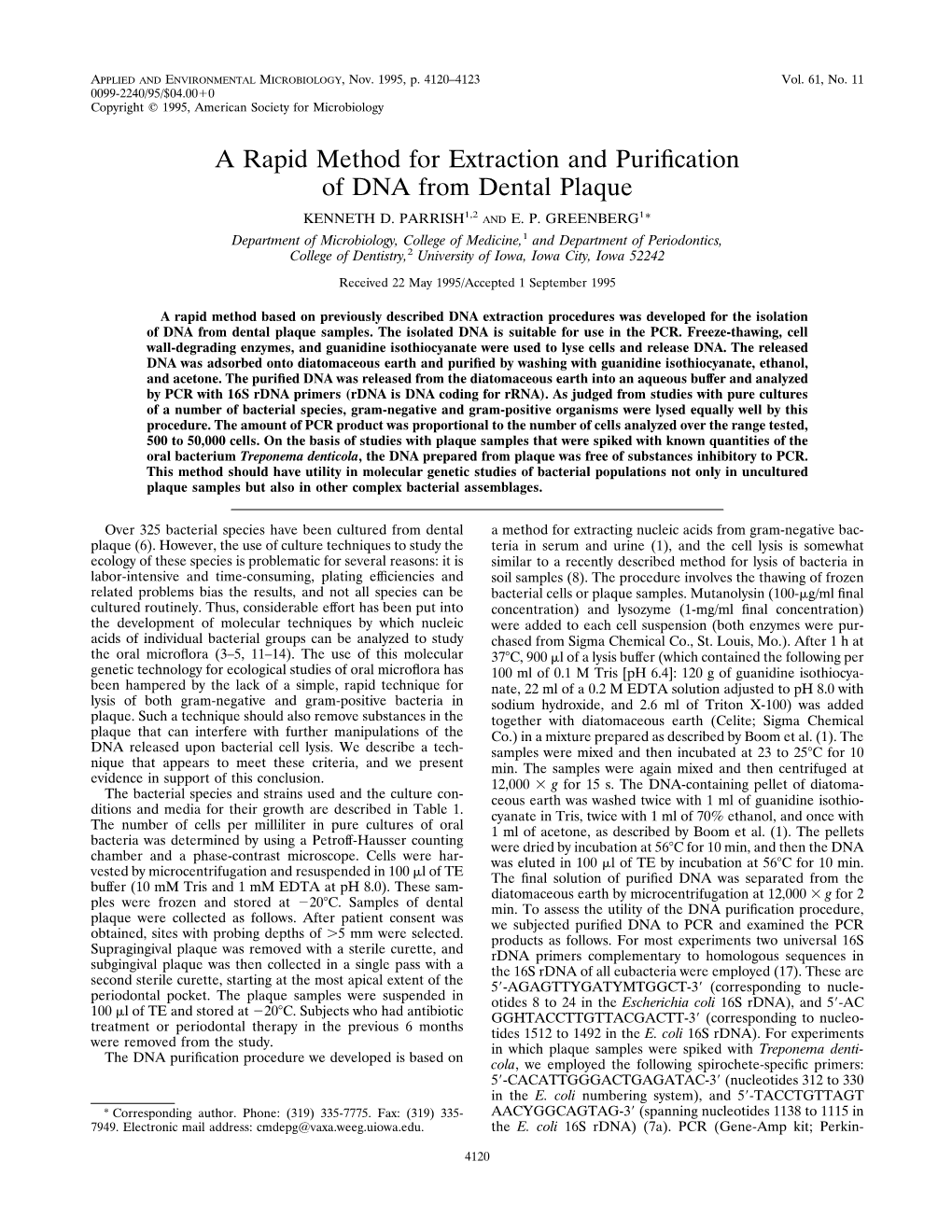 A Rapid Method for Extraction and Purification of DNA from Dental