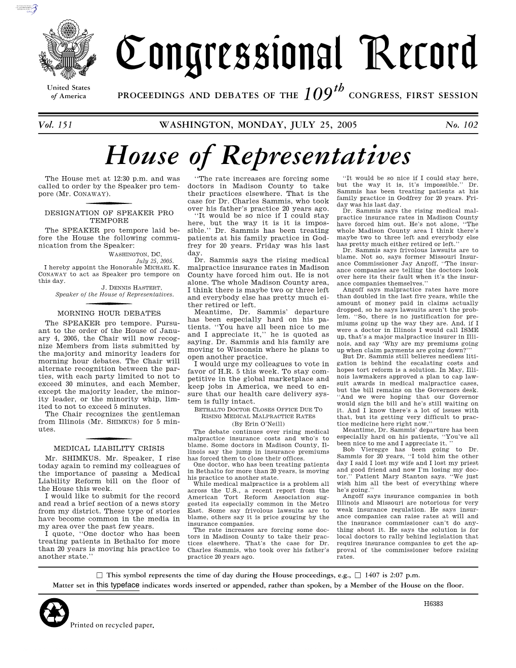 Congressional Record United States Th of America PROCEEDINGS and DEBATES of the 109 CONGRESS, FIRST SESSION