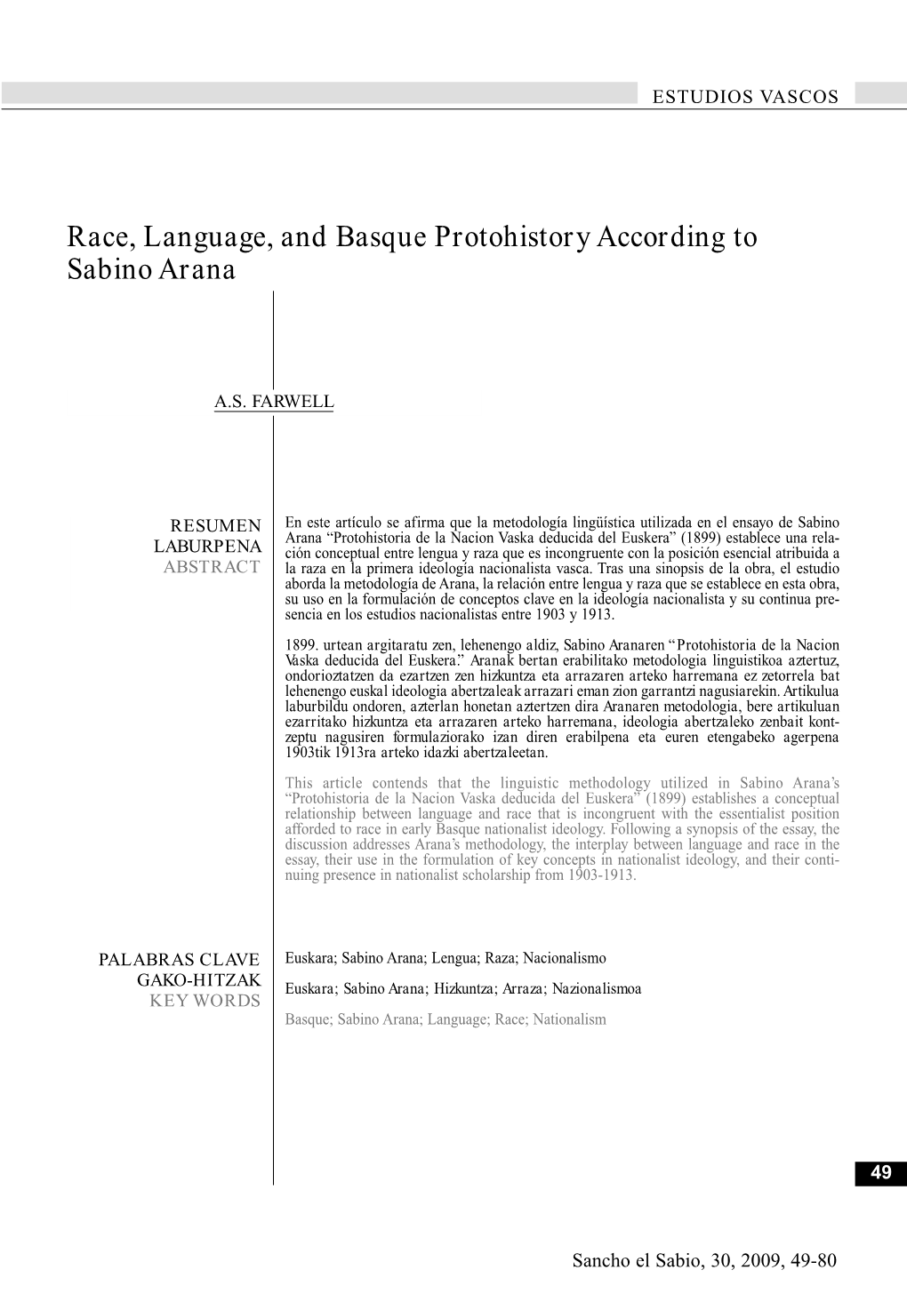 Race, Language, and Basque Protohistory According to Sabino Arana