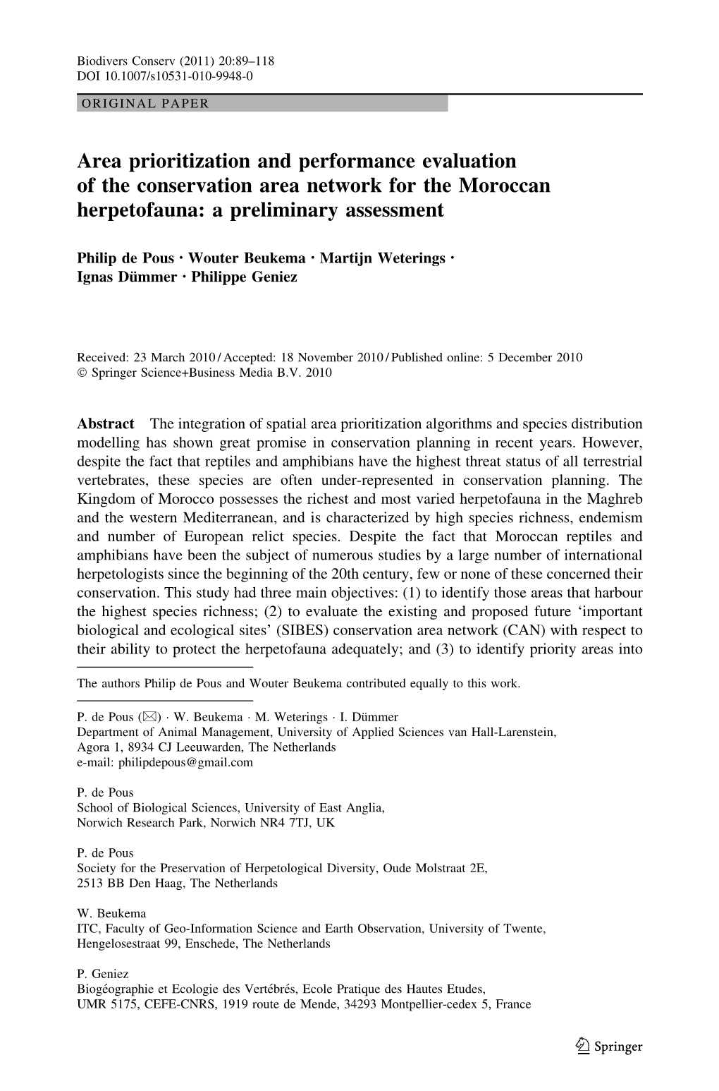 Area Prioritization and Performance Evaluation of the Conservation Area Network for the Moroccan Herpetofauna: a Preliminary Assessment