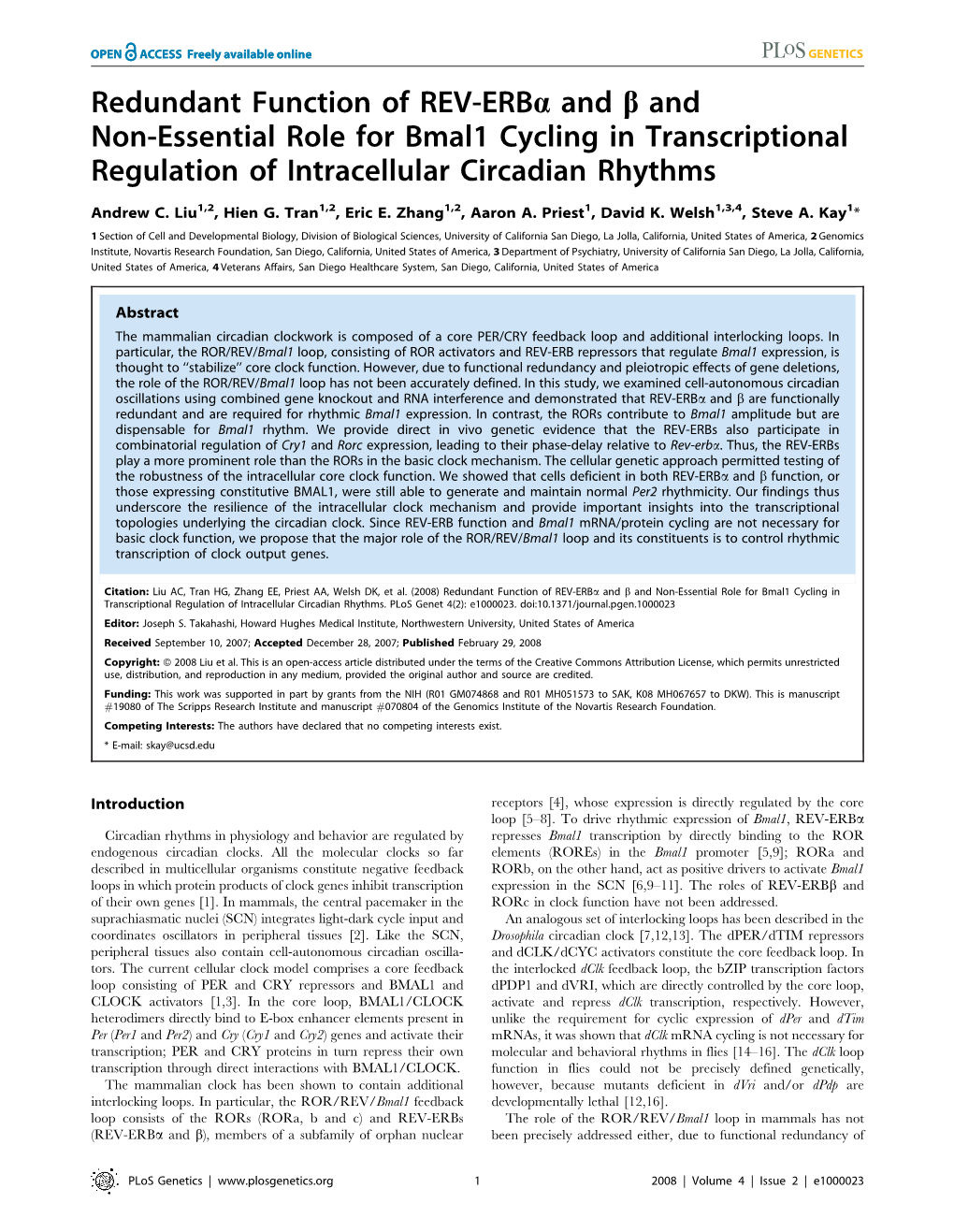 Redundant Function of REV-Erba and B and Non-Essential Role for Bmal1 Cycling in Transcriptional Regulation of Intracellular Circadian Rhythms