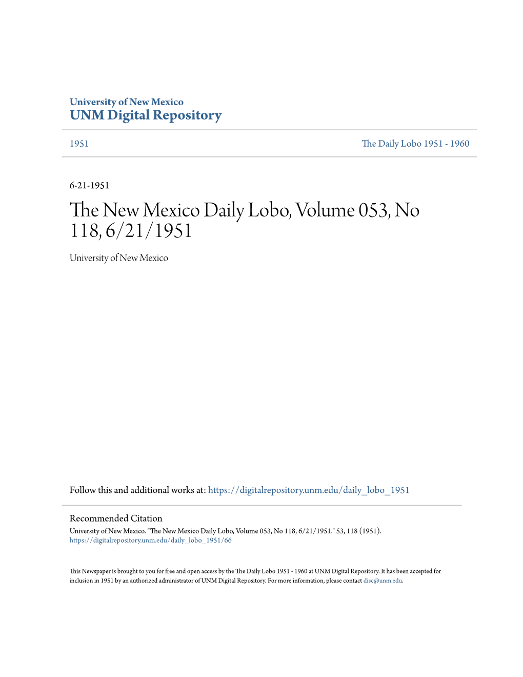 The New Mexico Daily Lobo, Volume 053, No 118, 6/21/1951
