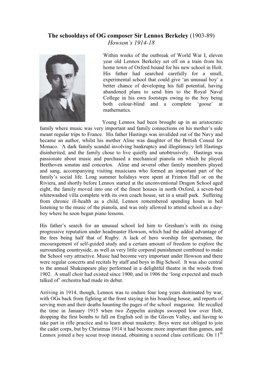 The Schooldays of OG Composer Sir Lennox Berkeley (1903-89) Howson’S 1914-18