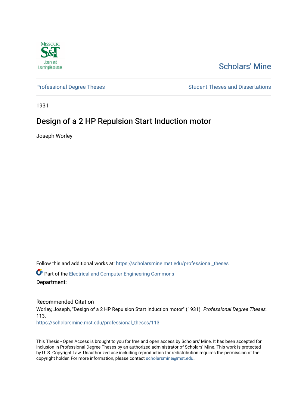 Design of a 2 HP Repulsion Start Induction Motor