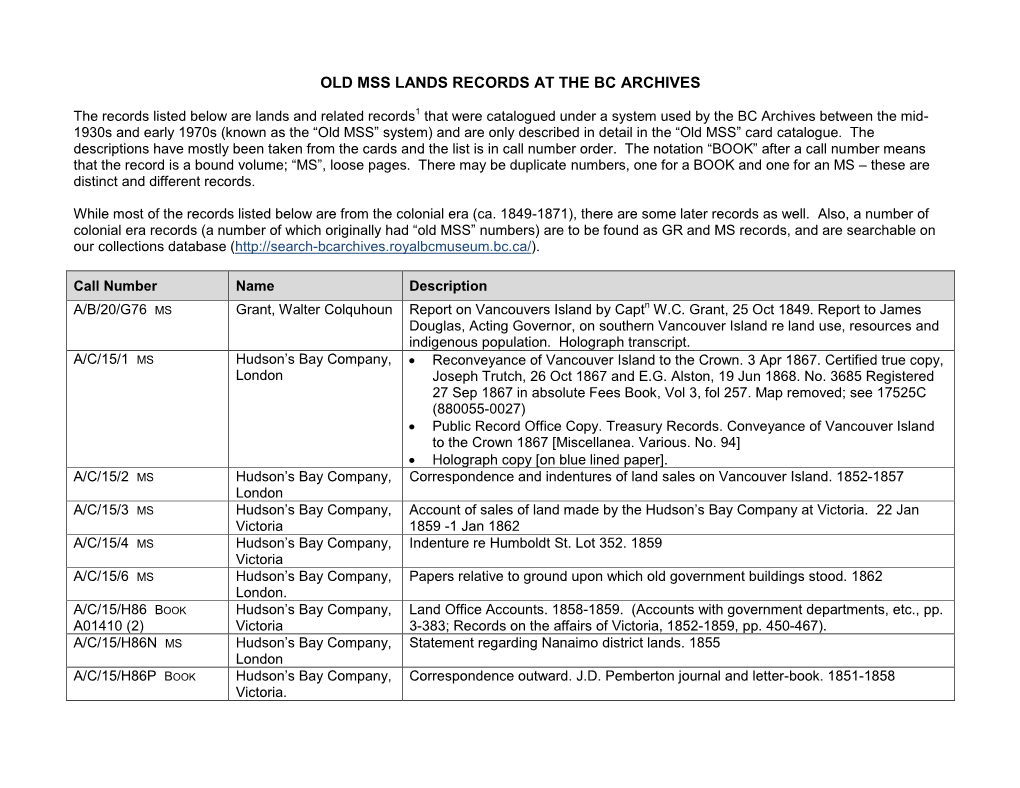 Old Mss Lands Records at the Bc Archives