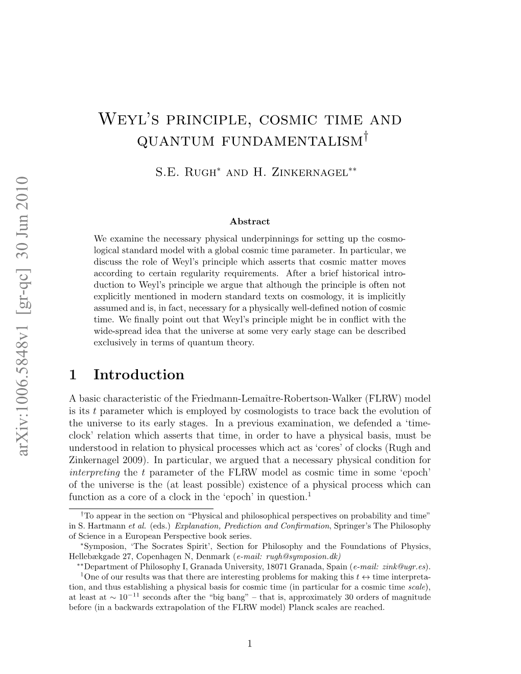 Weyl's Principle, Cosmic Time and Quantum Fundamentalism