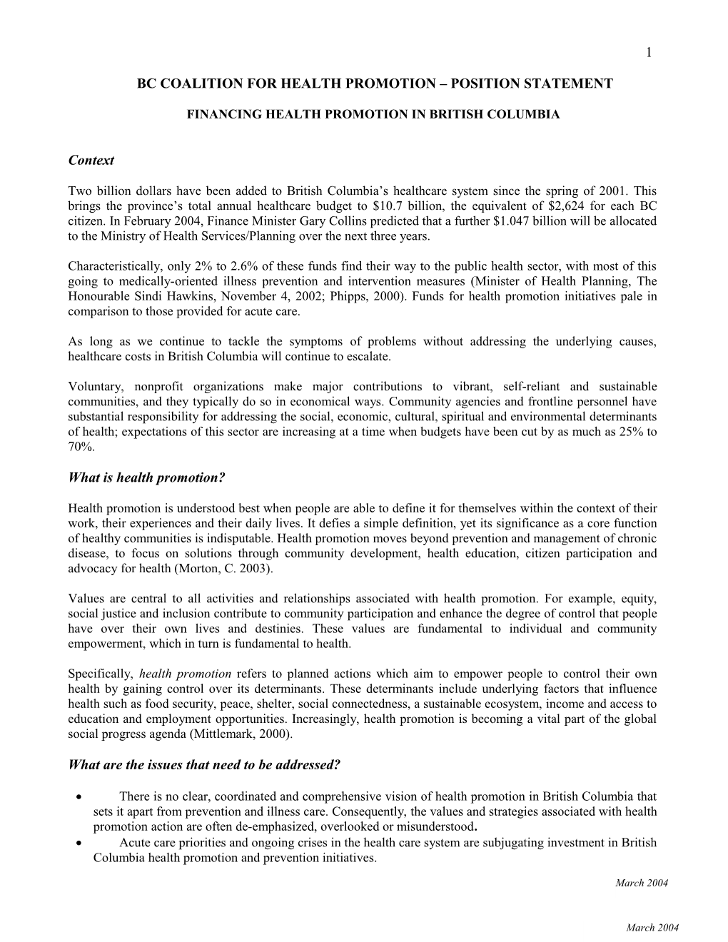 Bc Coalition for Health Promotion Position Statement