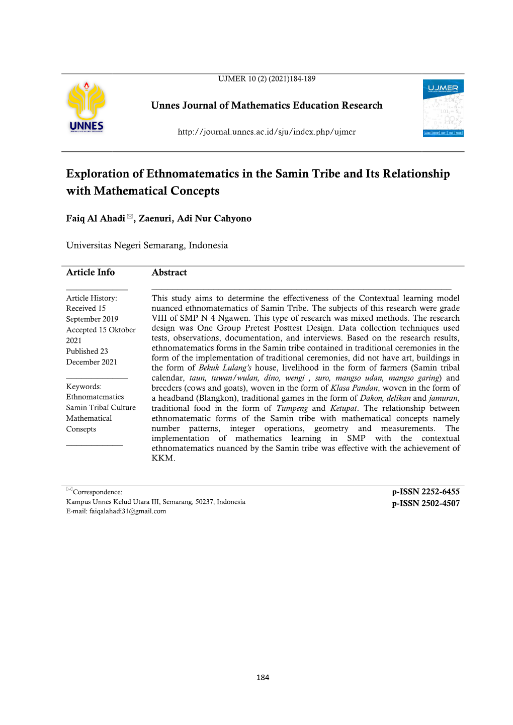 Exploration of Ethnomatematics in the Samin Tribe and Its Relationship with Mathematical Concepts