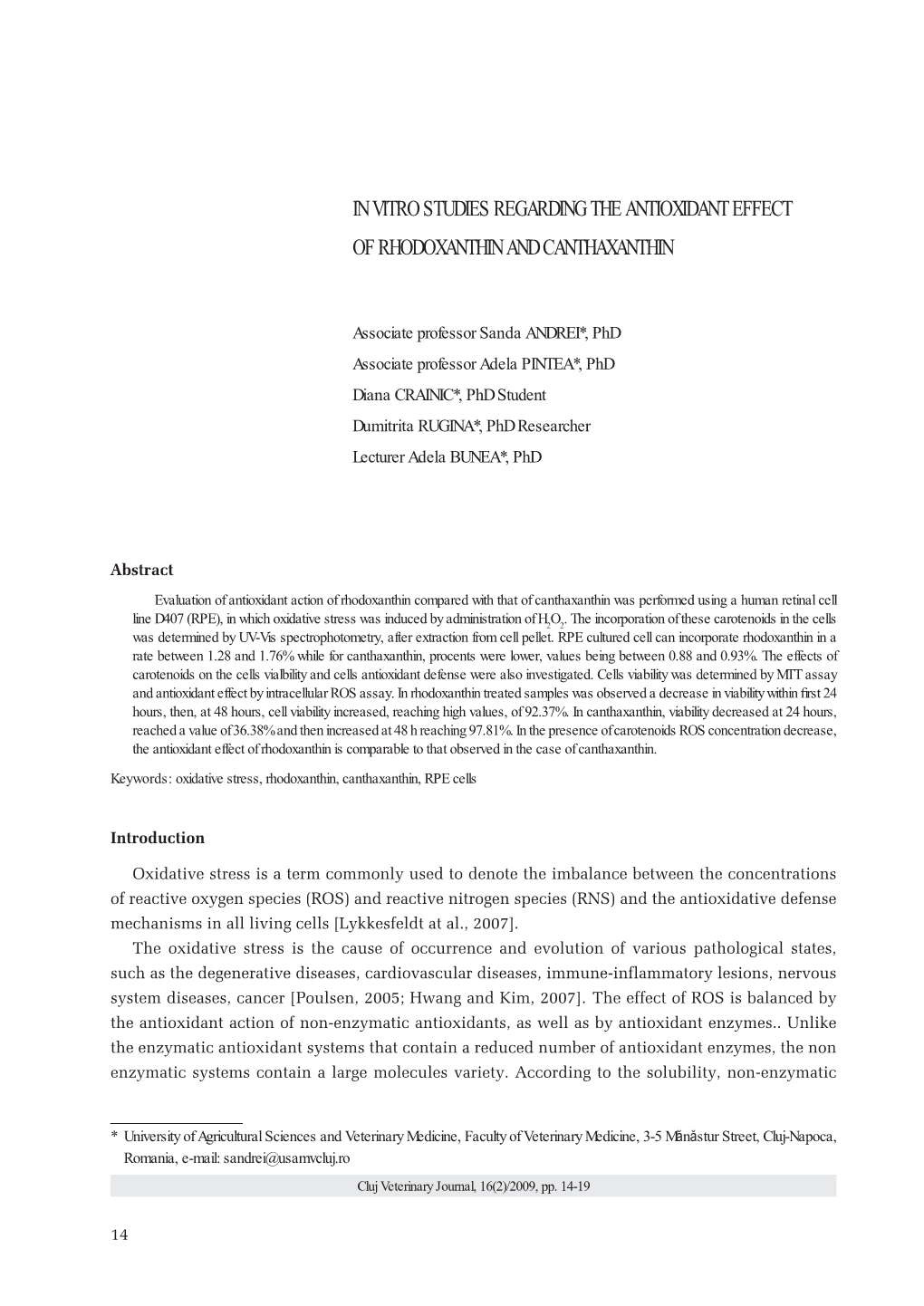 In Vitro Studies Regarding the Antioxidant Effect of Rhodoxanthin and Canthaxanthin