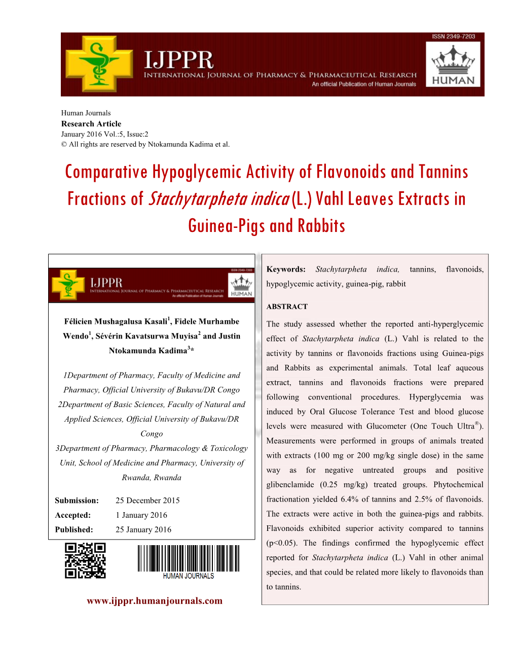 Comparative Hypoglycemic Activity of Flavonoids and Tannins Fractions of Stachytarpheta Indica (L.) Vahl Leaves Extracts in Guinea-Pigs and Rabbits