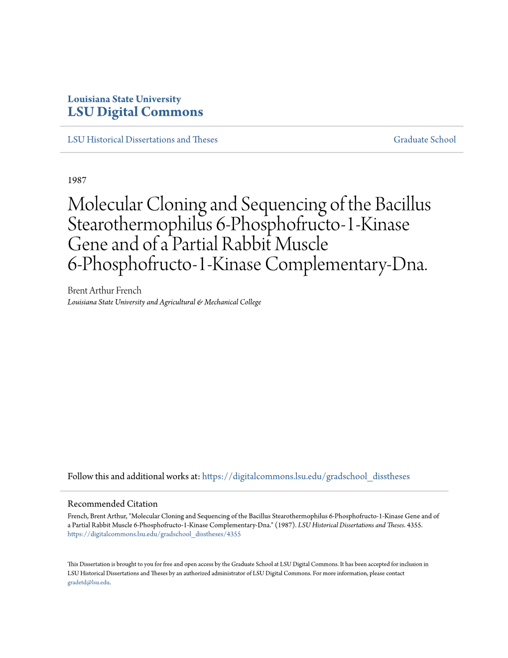 Molecular Cloning and Sequencing of the Bacillus Stearothermophilus 6-Phosphofructo-1-Kinase Gene and of a Partial Rabbit Muscle