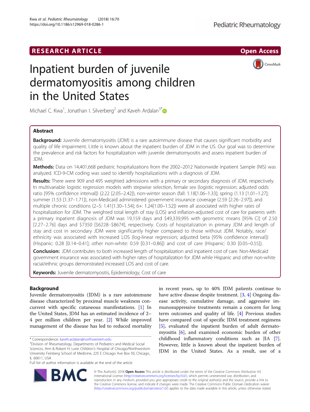 Inpatient Burden of Juvenile Dermatomyositis Among Children in the United States Michael C