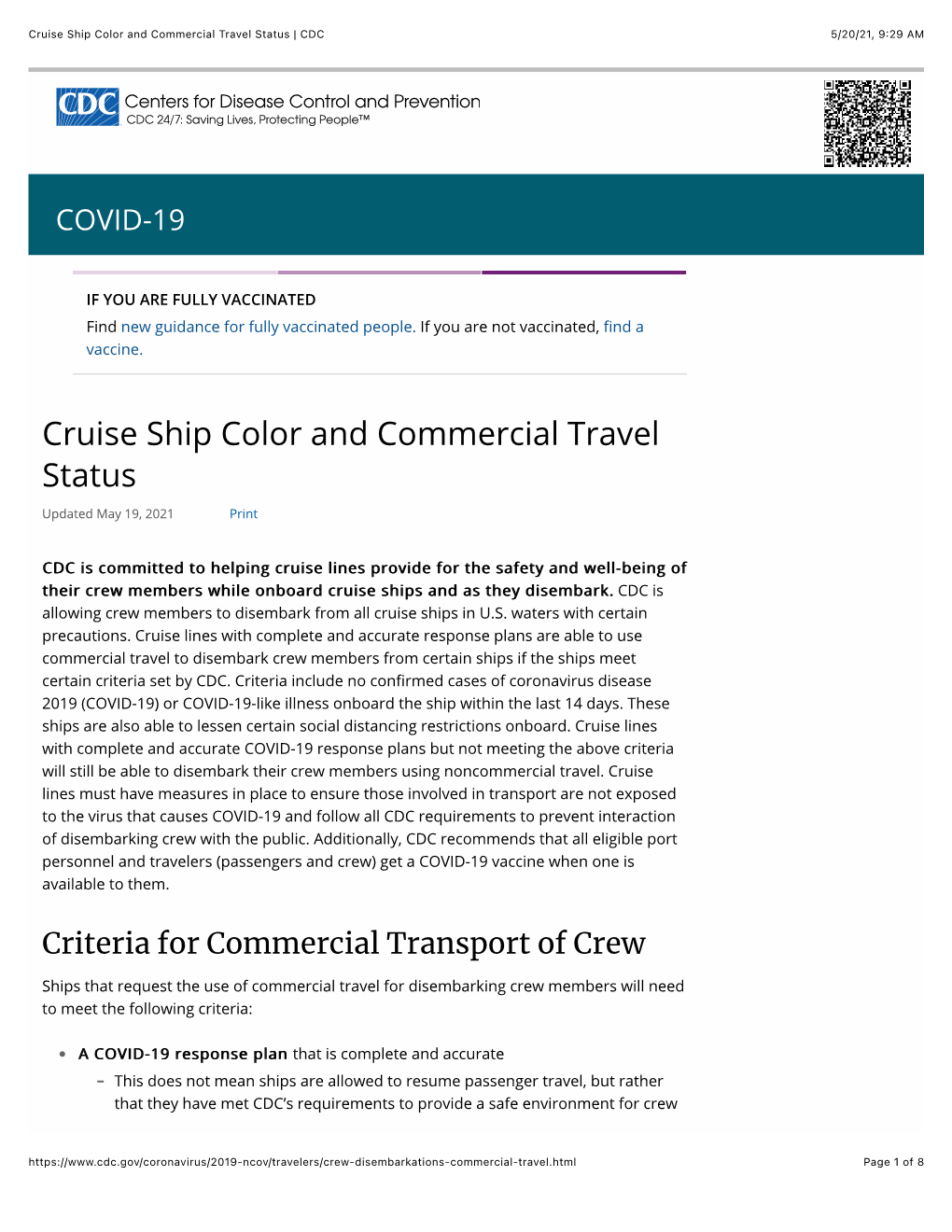 Cruise Ship Color and Commercial Travel Status | CDC 5/20/21, 9:29 AM