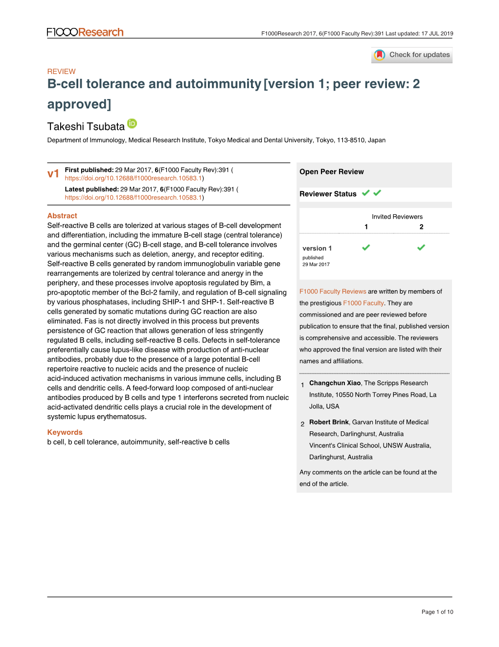 B-Cell Tolerance and Autoimmunity[Version 1; Peer