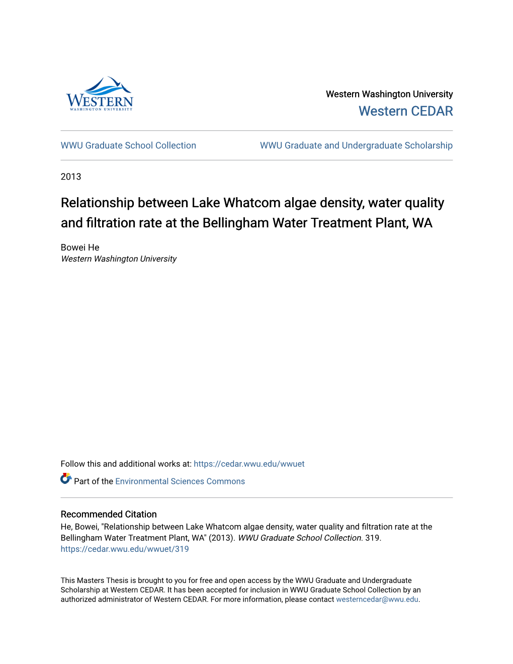 Relationship Between Lake Whatcom Algae Density, Water Quality and Filtration Rate at the Bellingham Water Treatment Plant, WA