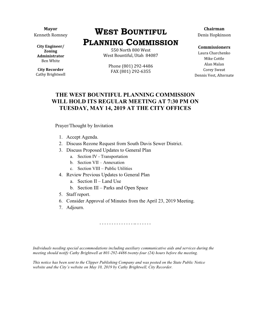 West Bountiful Planning Commission Will Hold Its Regular Meeting at 7:30 Pm on Tuesday, May 14, 2019 at the City Offices