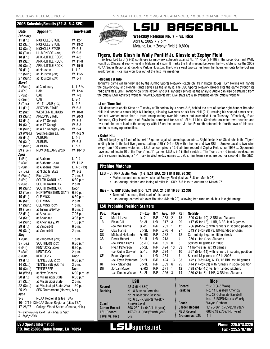 LSU Vs Rice Game Notes 4 5 05.Qxd