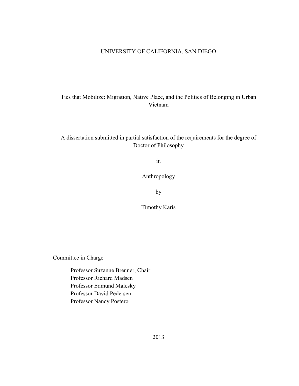 Migration, Native Place, and the Politics of Belonging in Urban Vietnam