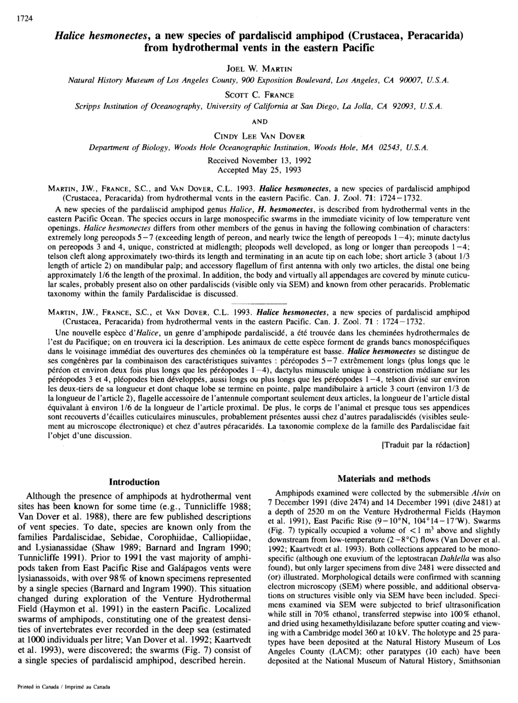 Halice Hesmonectes,A New Species of Pardaliscid Amphipod