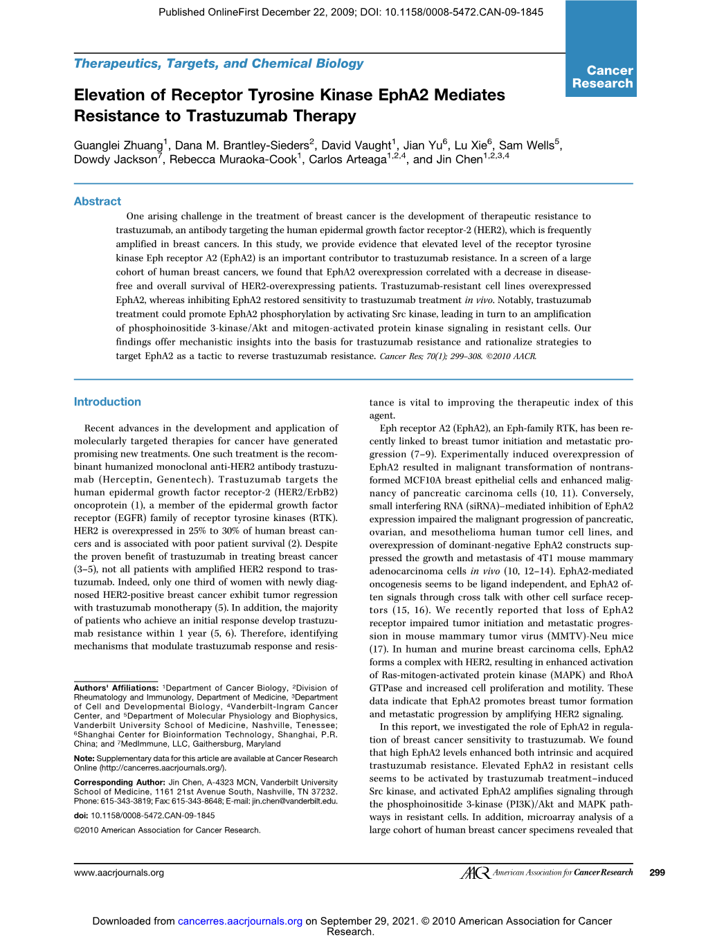 Elevation of Receptor Tyrosine Kinase Epha2 Mediates Resistance to Trastuzumab Therapy