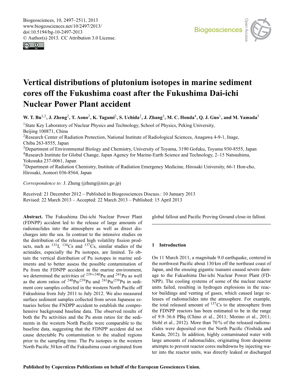 Vertical Distributions of Plutonium Isotopes in Marine Sediment Cores Into the North Paciﬁc Ocean (Buesseler Et Al., 2011; Inoue Et (Buesseler, 2012)