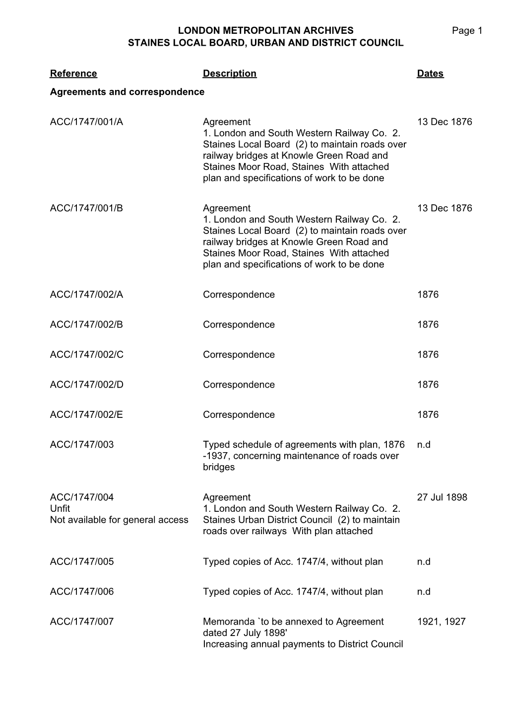 LONDON METROPOLITAN ARCHIVES STAINES LOCAL BOARD, URBAN and DISTRICT COUNCIL ACC/1747 Page 1 Reference Description Dates Agreeme