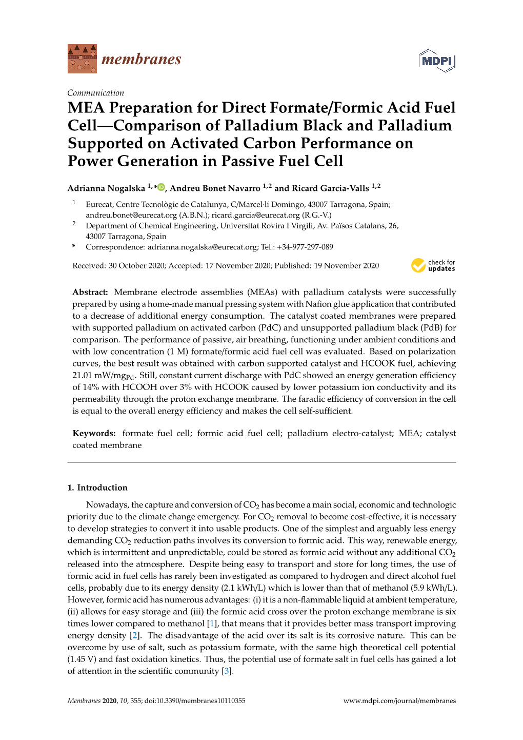 MEA Preparation for Direct Formate/Formic Acid Fuel Cell—Comparison of Palladium Black and Palladium Supported on Activated Ca