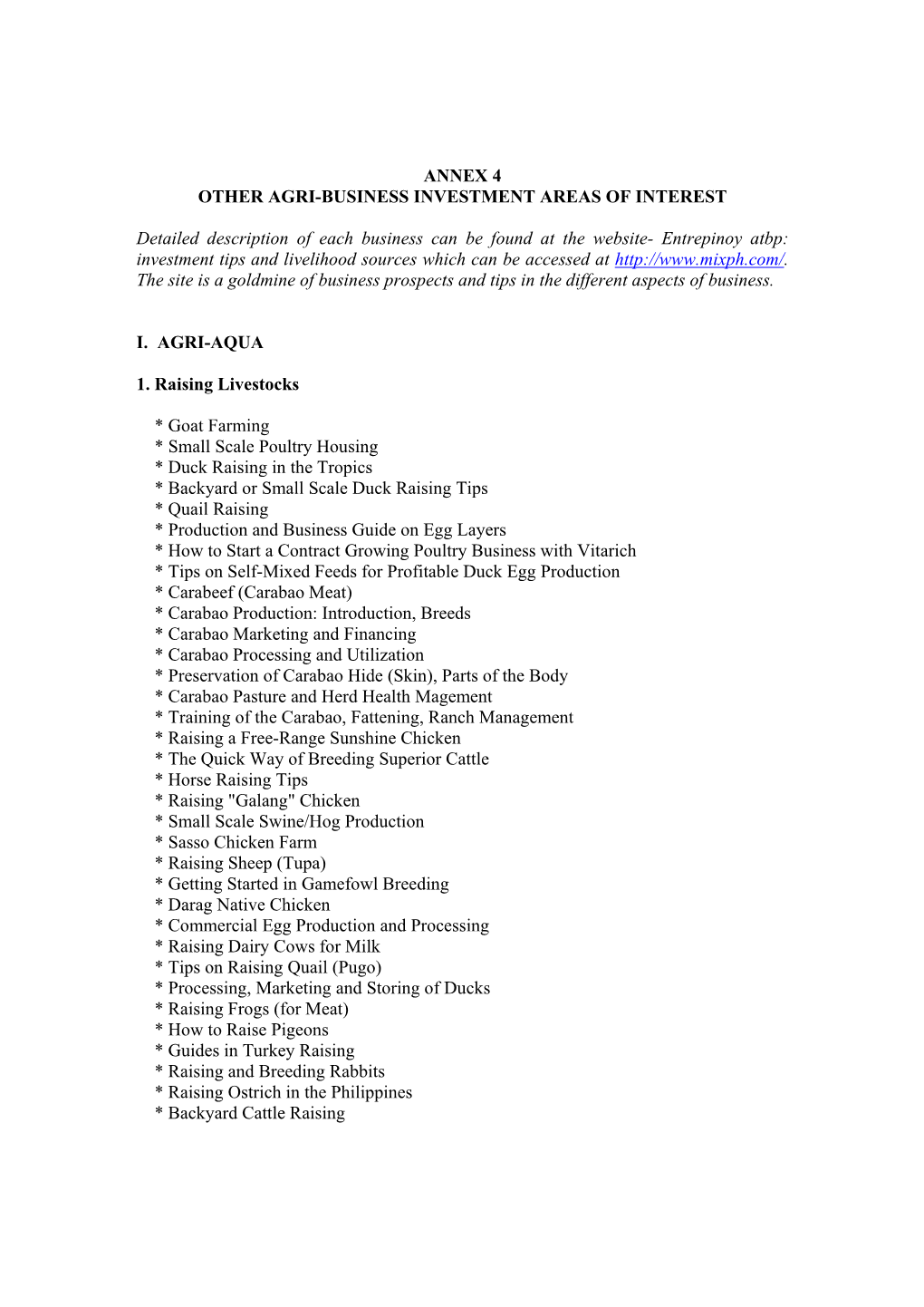 Annex 4 Other Agri-Business Investment Areas of Interest