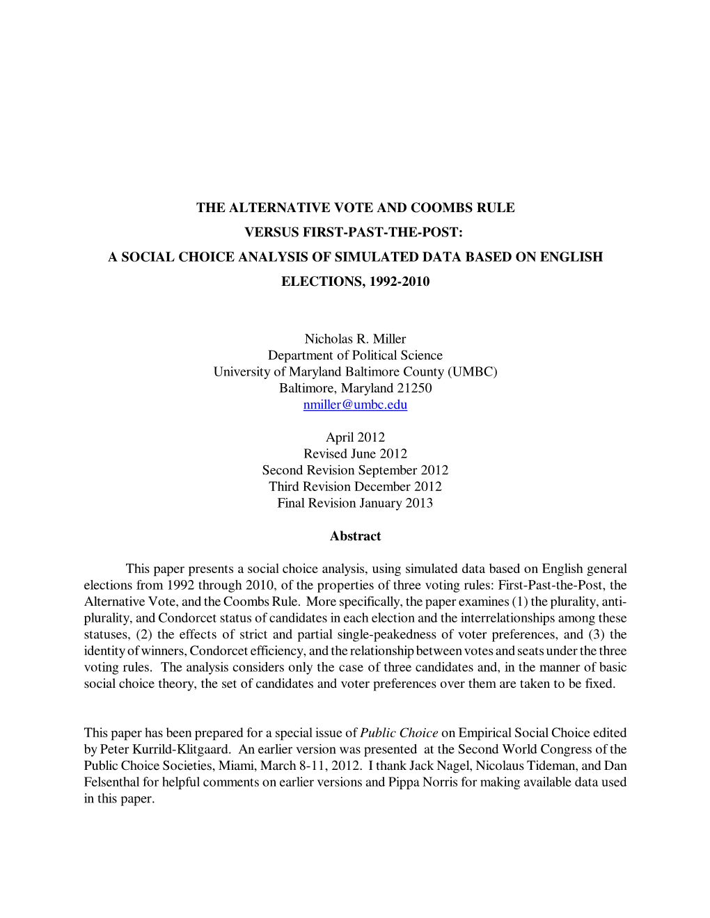 The Alternative Vote and Coombs Rule Versus First-Past-The-Post: a Social Choice Analysis of Simulated Data Based on English Elections, 1992-2010