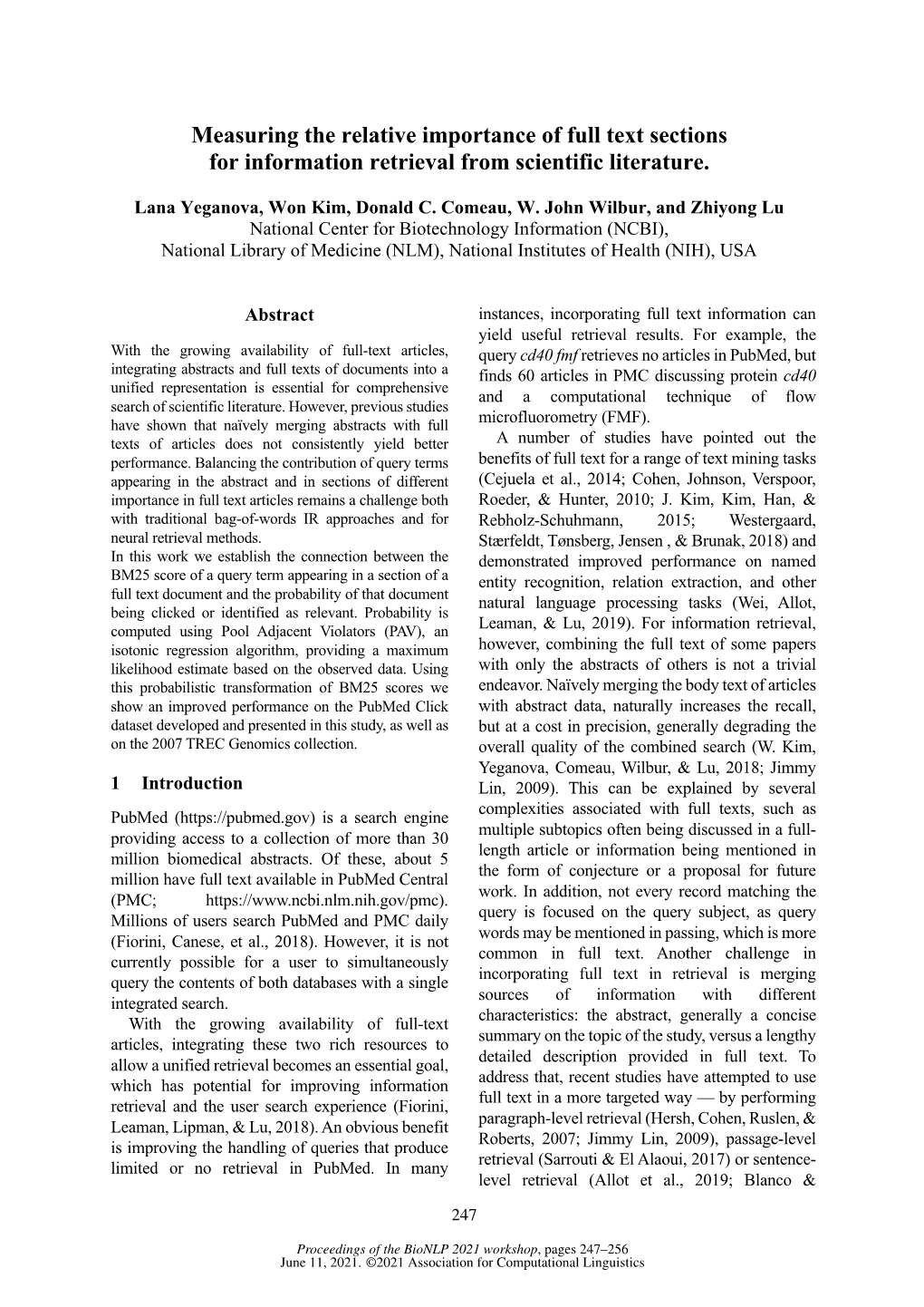 Measuring the Relative Importance of Full Text Sections for Information Retrieval from Scientific Literature