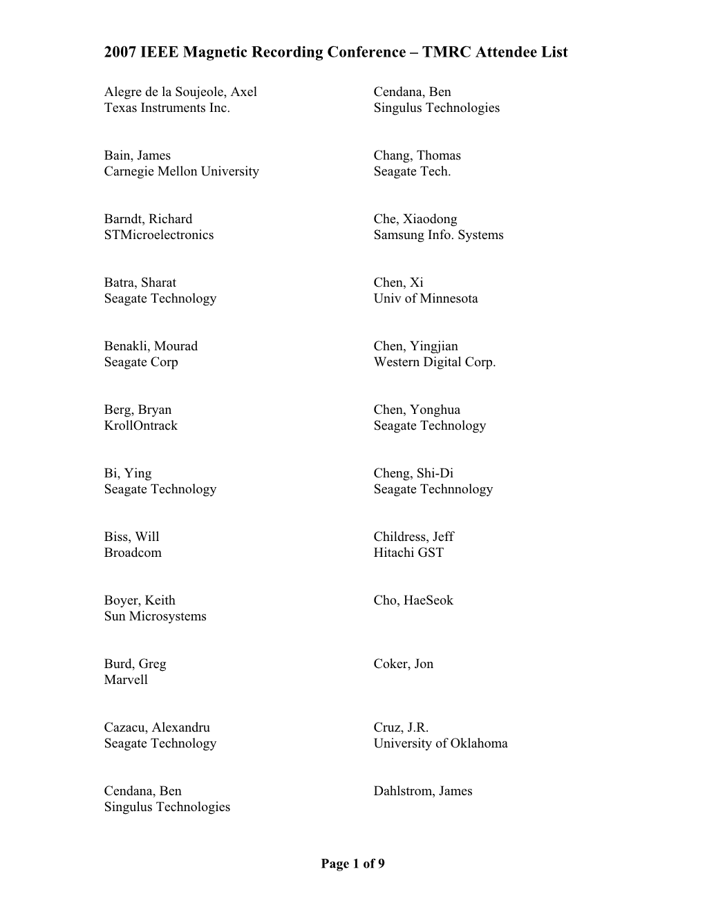 2007 IEEE Magnetic Recording Conference – TMRC Attendee List