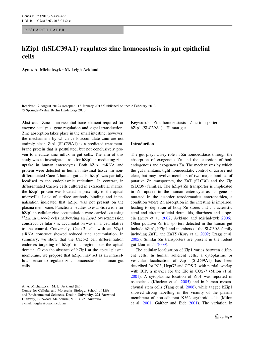 Hzip1 (Hslc39a1) Regulates Zinc Homoeostasis in Gut Epithelial Cells