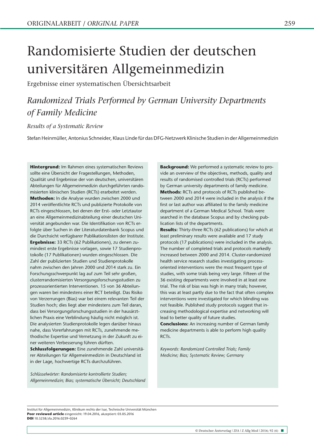 Randomisierte Studien Der Deutschen Universitären Allgemeinmedizin Ergebnisse Einer Systematischen Übersichtsarbeit