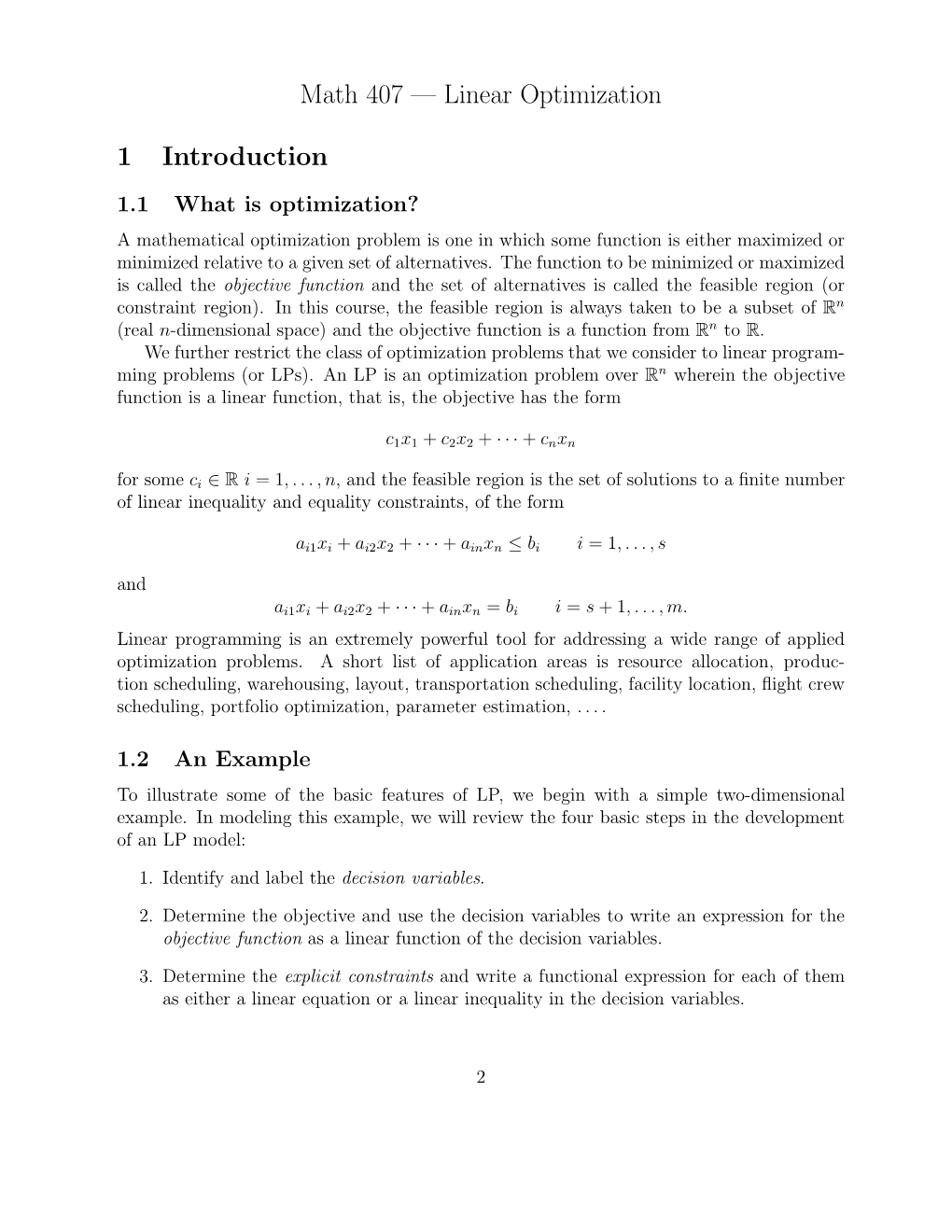 Math 407 — Linear Optimization 1 Introduction