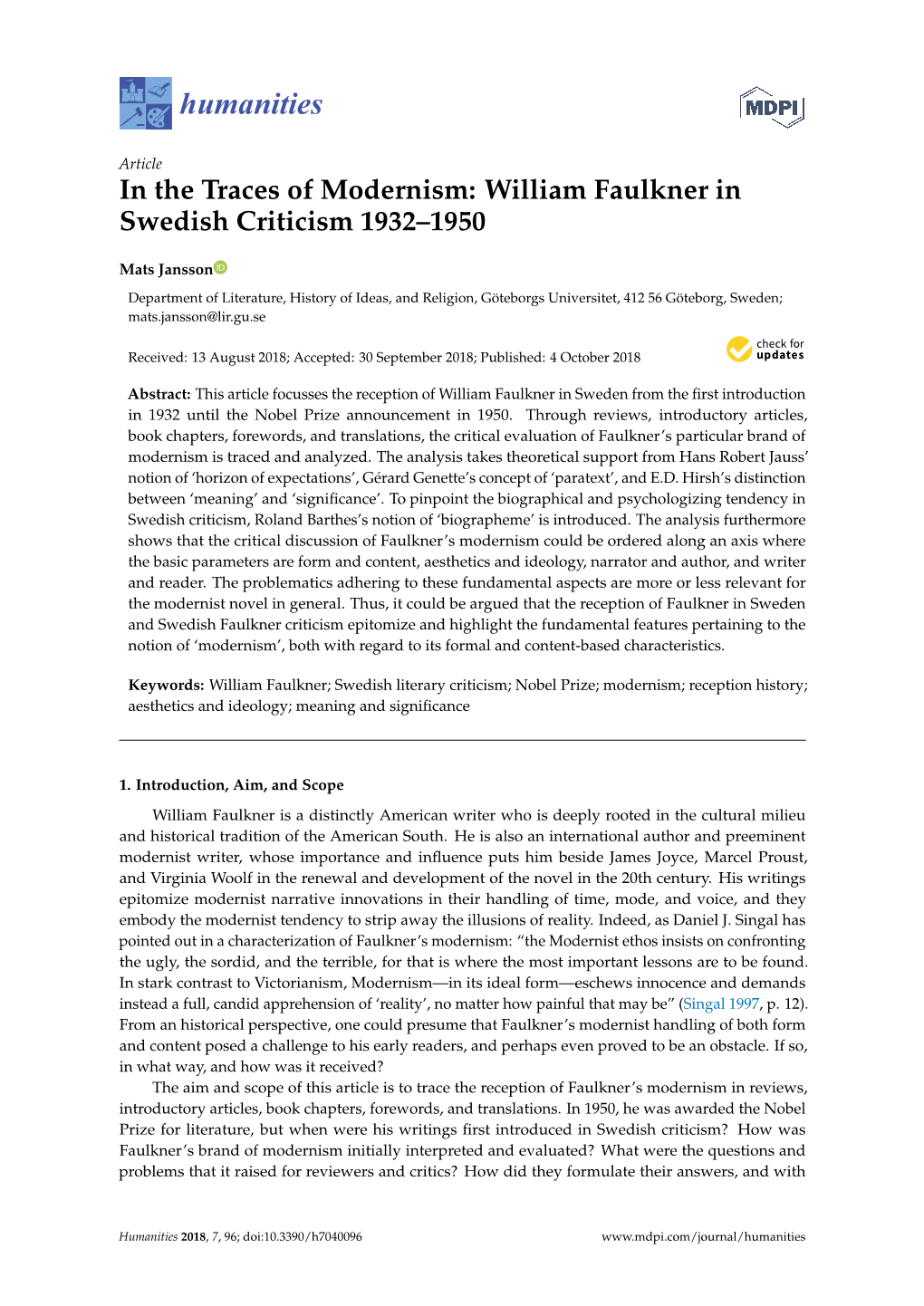 In the Traces of Modernism: William Faulkner in Swedish Criticism 1932–1950