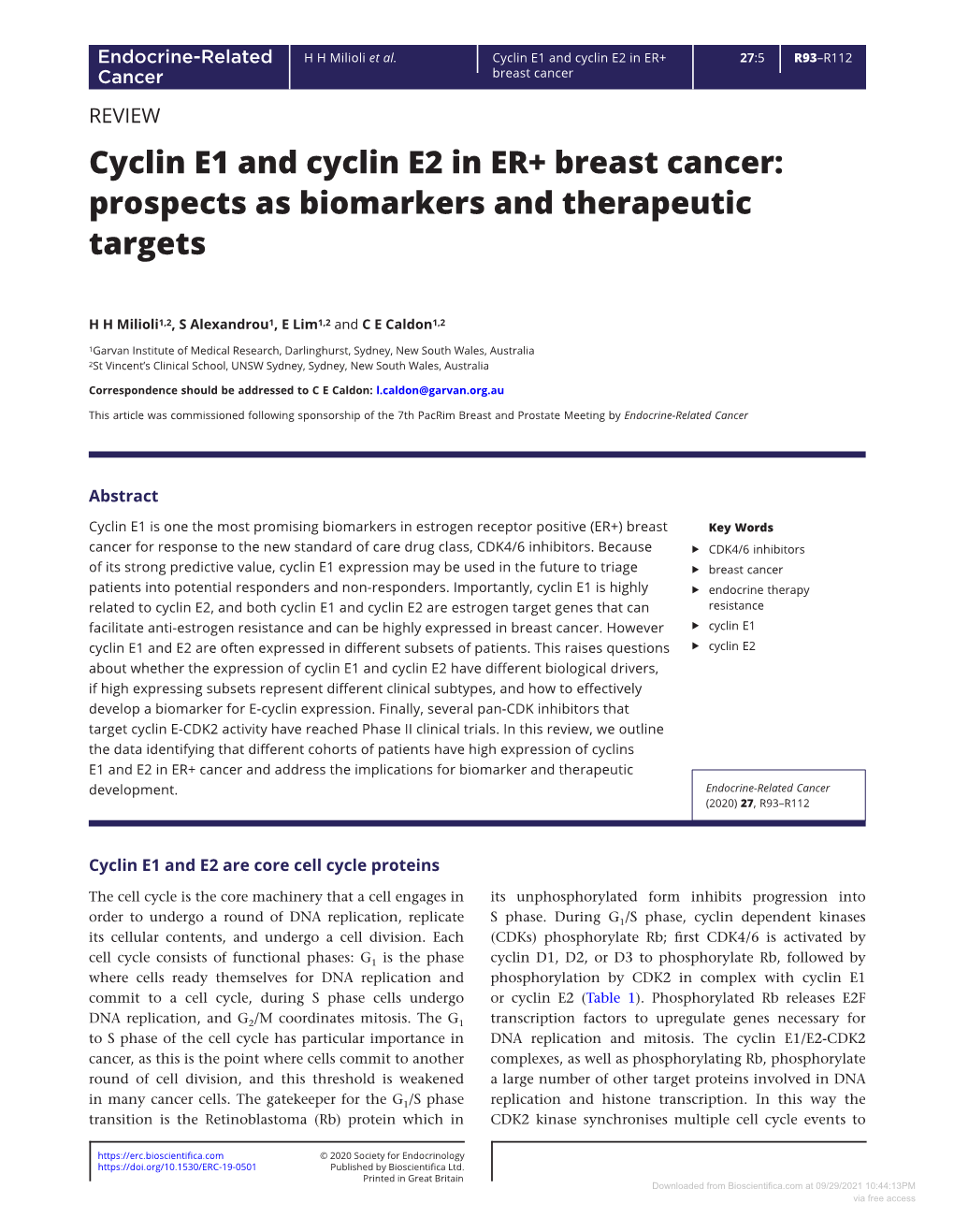 Cyclin E1 and Cyclin E2 in ER+ Breast Cancer: Prospects As Biomarkers and Therapeutic Targets