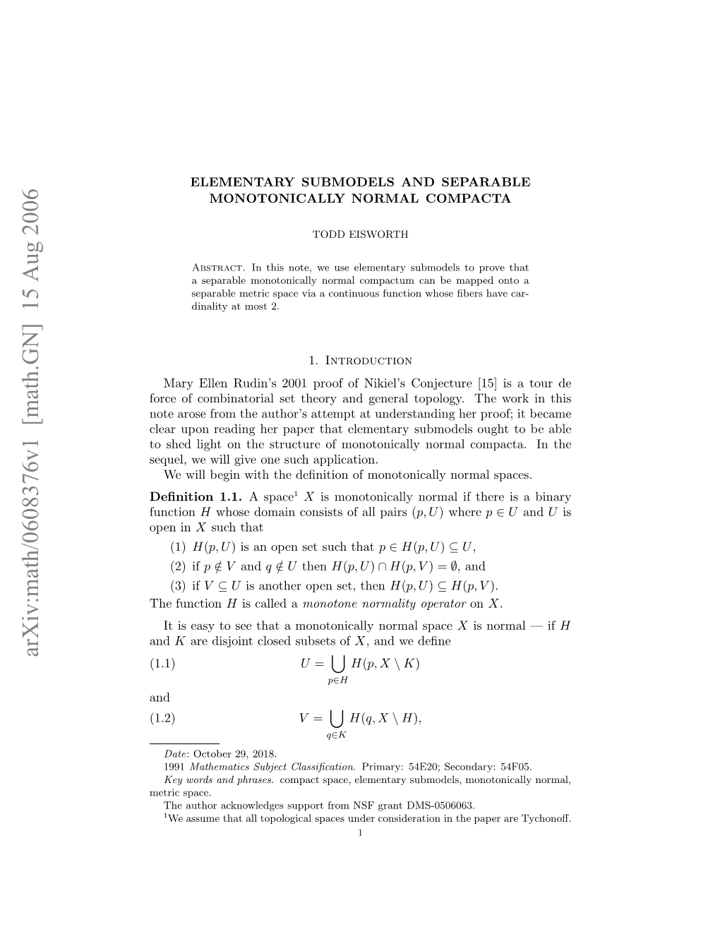Arxiv:Math/0608376V1 [Math.GN] 15 Aug 2006 Ose Ih Ntesrcueo Oooial Omlcompa Normal Application
