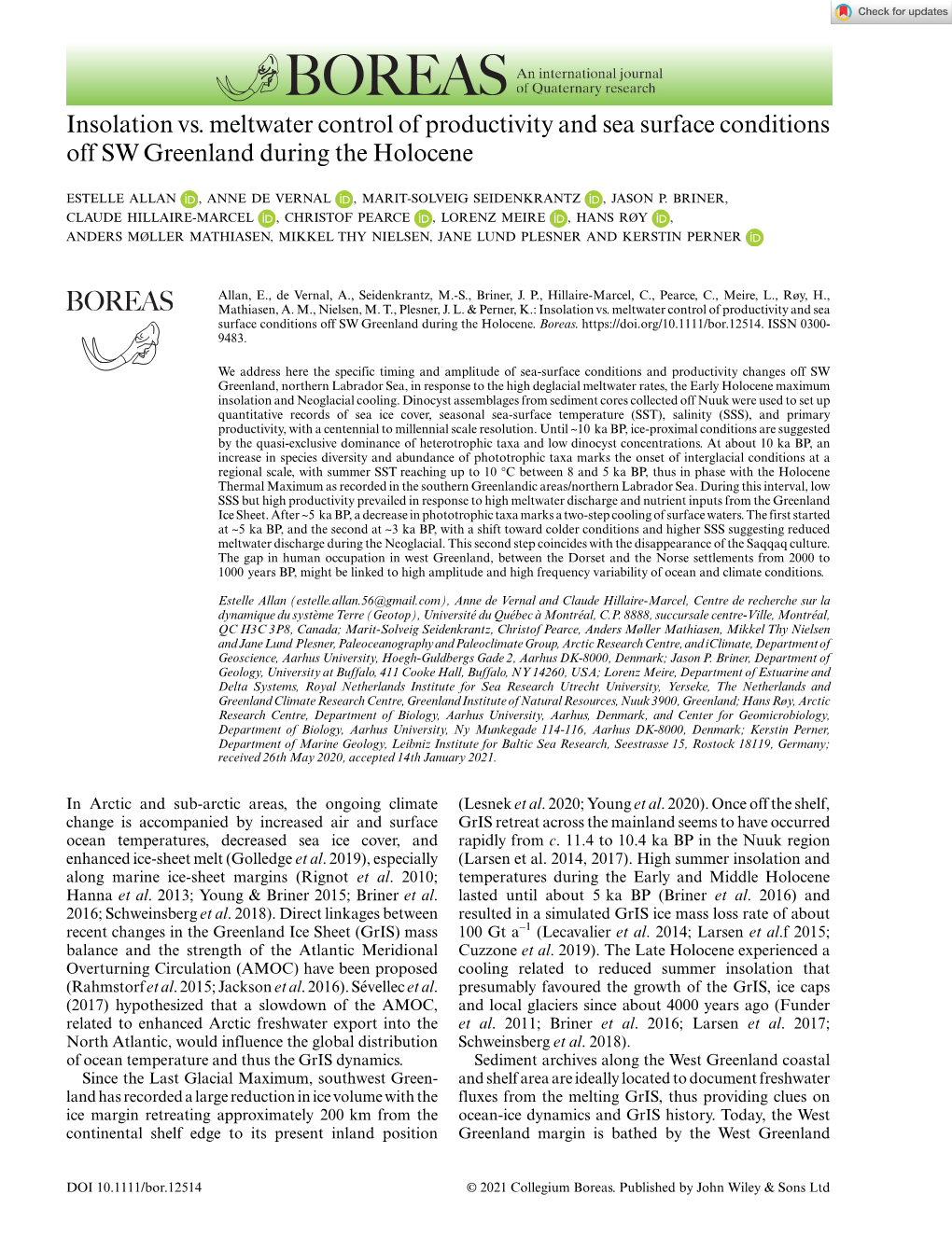 Insolation Vs. Meltwater Control of Productivity and Sea Surface Conditions Off SW Greenland During the Holocene