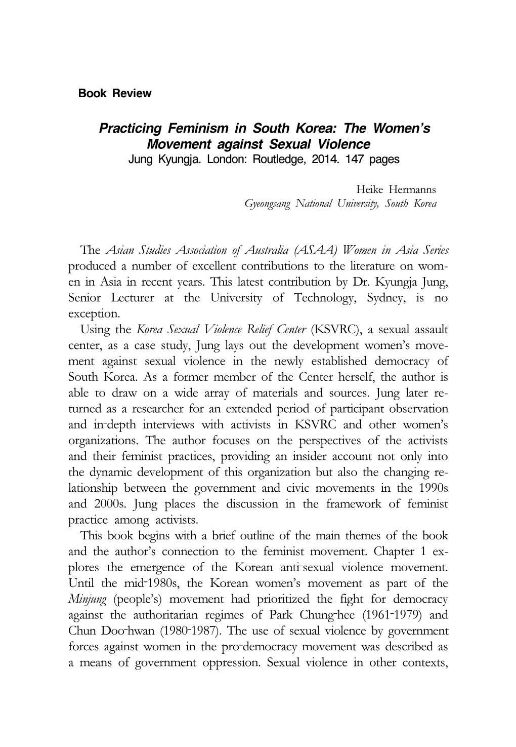 Practicing Feminism in South Korea: the Women’S Movement Against Sexual Violence Jung Kyungja
